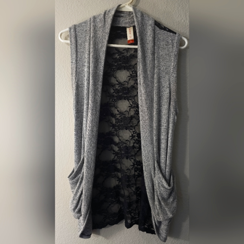 Medium No Boundaries Gray With Lace Back Sleeveless Cardigan